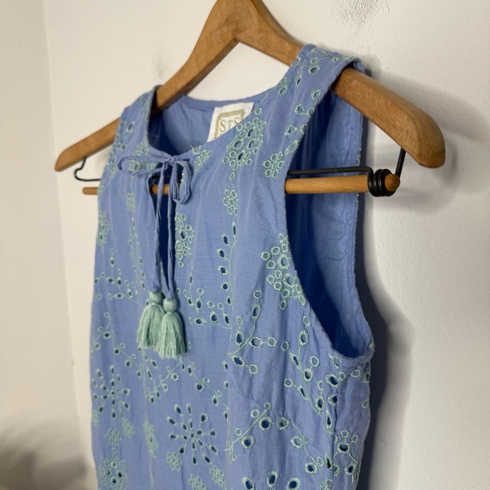 SAIL to SABLE Eyelet Sleeveless Ruffle Hem Dress Cabbage/Hydrangea Cotton Sz S - Picture 8 of 15